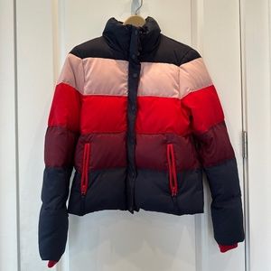 Boden Women's Winter Puffer Jacket in Striped Color Block